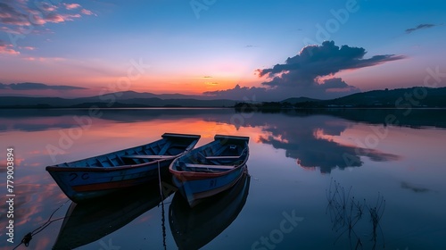 Twin boat at lake in Twilight after sunset
 photo