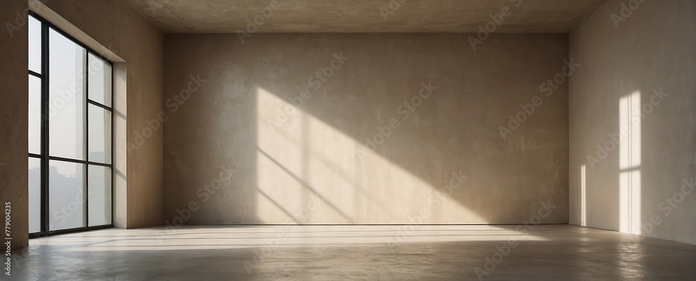 Obraz premium Minimal abstract light beige background for product presentation, Shadow and light from windows on plaster wall