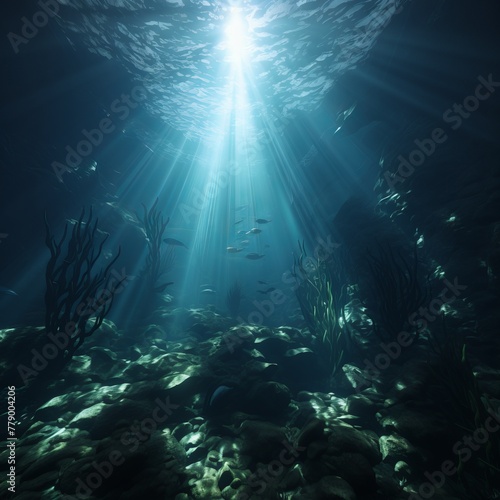 Underwater scene with a ray of light shining through the water © Adobe Contributor