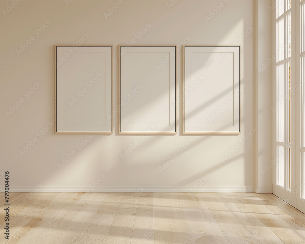 Fototapeta premium mock up poster frame in minimalistic interior design, living room, Scandinavian style, 3D render, 3D illustration