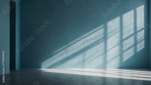 Minimal abstract light blue background for product presentation, Shadow and light from windows on plaster wall