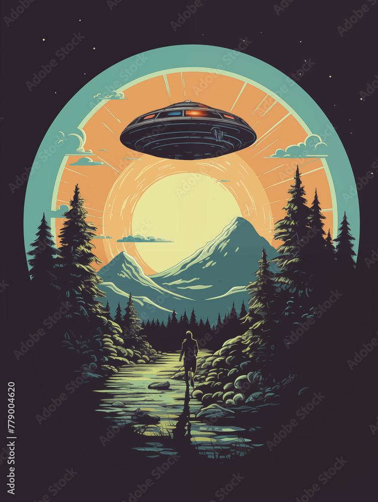 flat lay 2d vector design for prints / t-shirts with an ufo over a mountain and forest and a human figure looking up