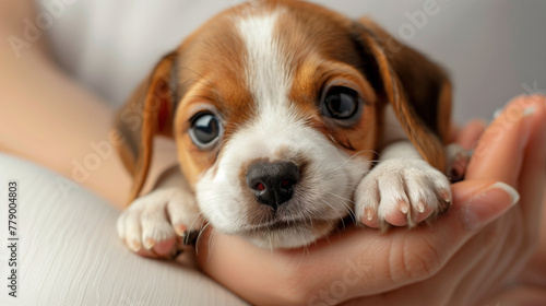 A small dog is in a person's hand. The dog has a curious look on its face. Teeny-tiny Beagle PUPPY resting on of a female fingertip, displaying of the tiny animal, isolated on a white background