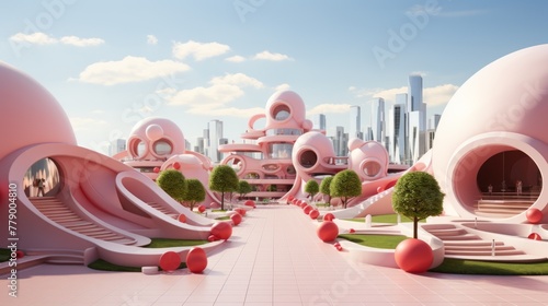Pink futuristic city illustration