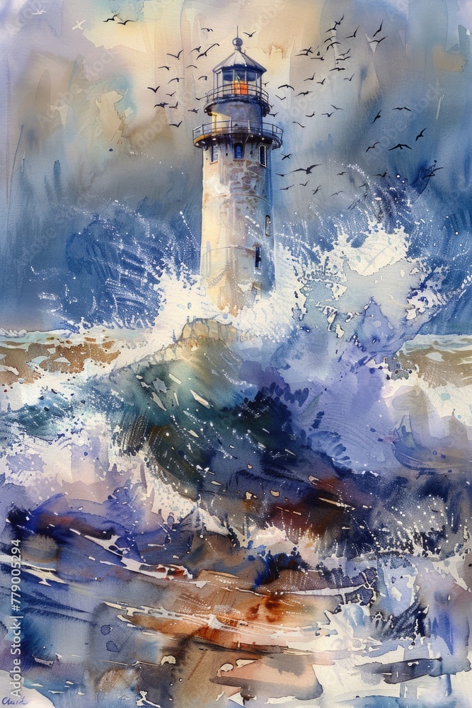 Watercolor painting of a lighthouse at sea, with crashing waves and stormy skies