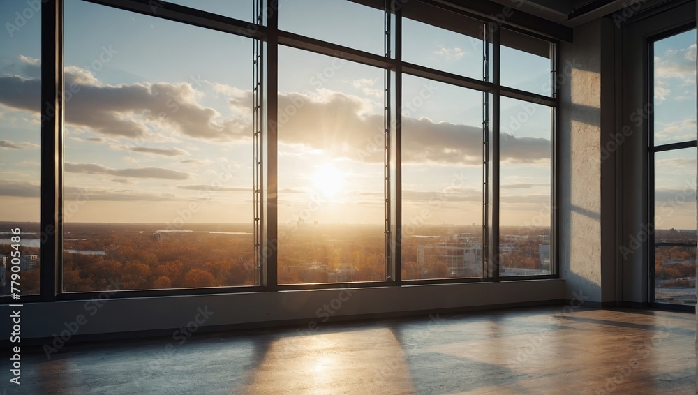 Fototapeta premium Empty wall in bright office mockup with large windows and sun passing