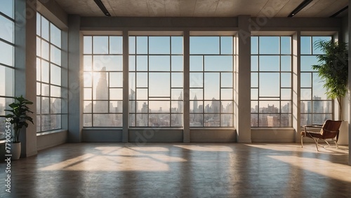 Empty wall in bright office mockup with large windows and sun passing