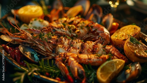 A sumptuous platter of freshly grilled seafood, adorned with vibrant herbs and citrus slices, glistening under perfect lighting that enhances every detail. 