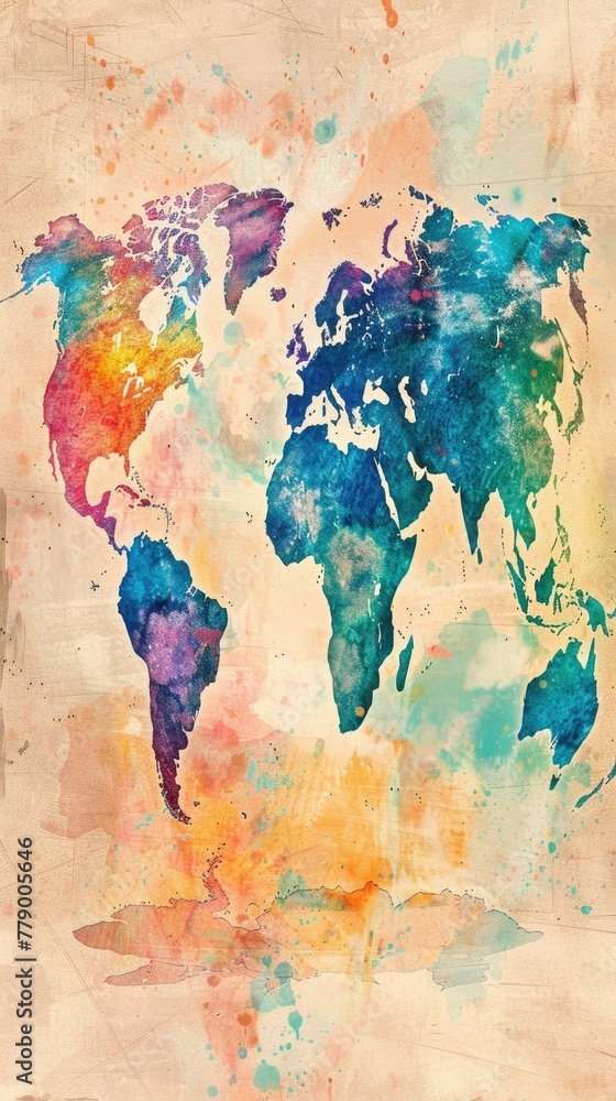 Detailed watercolor map of the world, featuring vibrant continents on a textured background