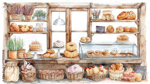 Watercolor illustration of a bakery window, with bread, cakes, and pastries