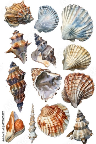 Watercolor illustration of a collection of seashells, with fine details and textures photo