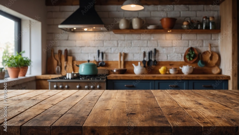 Empty wooden table top for product display with blurred kitchen interior background Empty wooden table top for product display with blurred kitchen interior background
