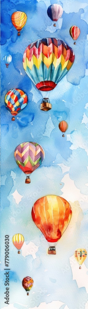 Fototapeta premium Watercolor illustration of a hot air balloon festival, with colorful balloons in the sky