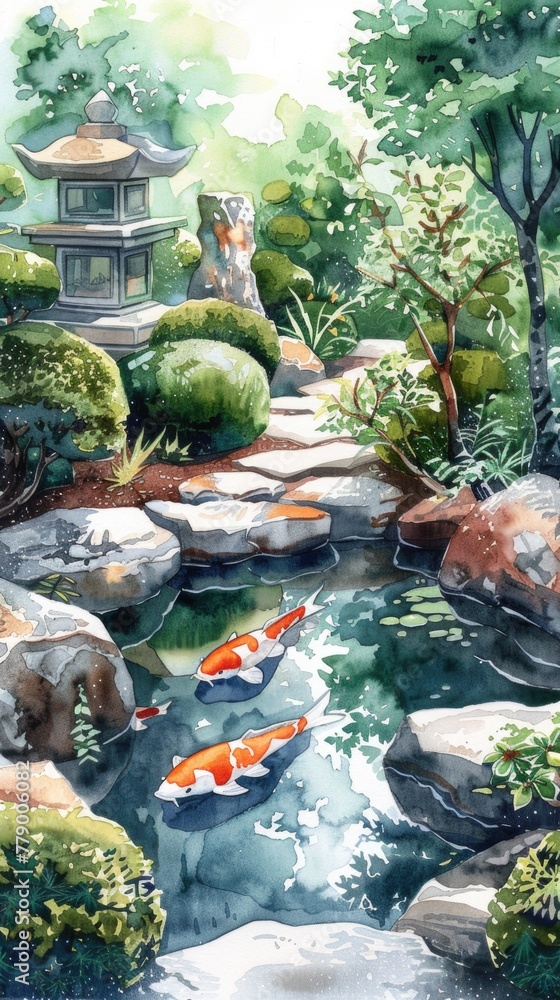 Watercolor illustration of a peaceful Japanese garden, with a koi pond center