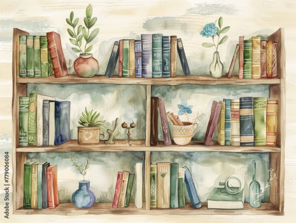Watercolor illustration of a library bookshelf, with books and hidden ...