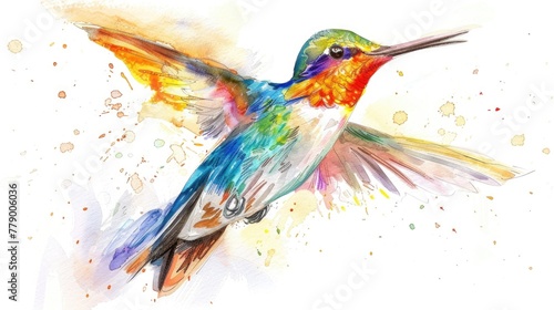 Watercolor illustration of a hummingbird in flight, capturing its vibrant colors