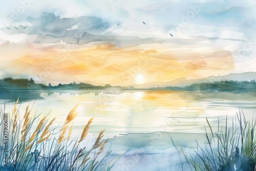Watercolor illustration of a serene lakeside at sunrise, with soft pastel reflections