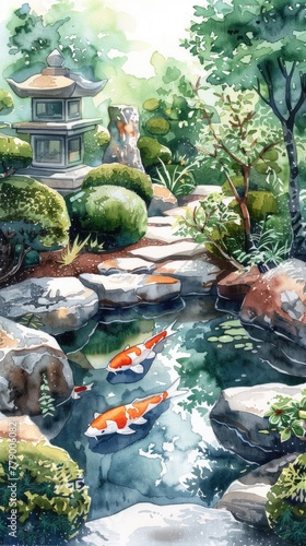 Watercolor illustration of a peaceful Japanese garden, with a koi pond center