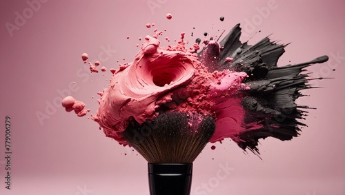 A dynamic composition capturing a pink makeup powder bursting from a brus, symbolizing transformation and power
