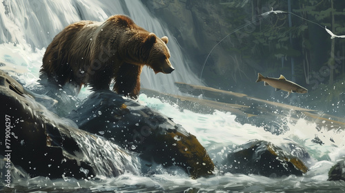 "Leap of the Wild" An artistic portrayal of a grizzly bear patiently awaiting the leap of a salmon, set against the majestic backdrop of a cascading waterfall.