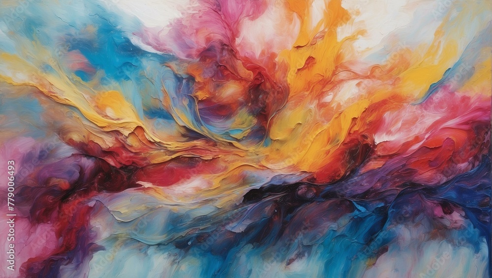 A vibrant explosion of red, blue, yellow, and pink hues blend in a mesmerizing abstract fluid art painting depicting emotion and motion