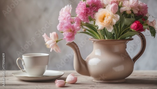 Teapot filled with pink blooming flowers alongside a white teacup on a wooden table giving a homey feeling