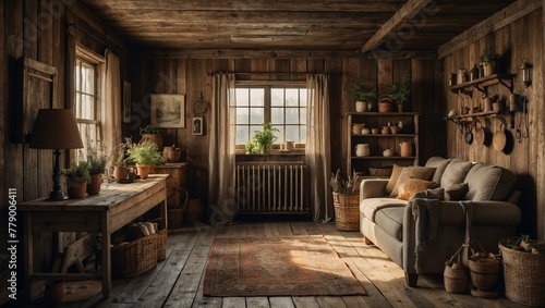 Warm light fills a cozy  rustic cabin interior  featuring wooden textures and a variety of plants