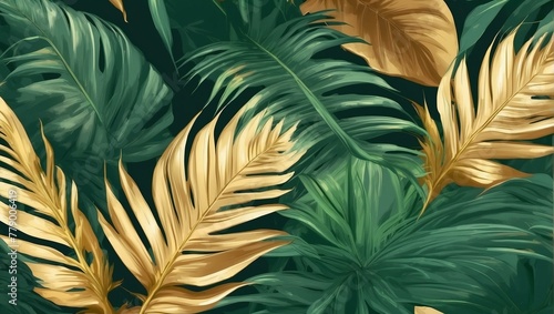 An artistic depiction focusing on the interplay of shadows and hues on tropical leaves enhancing their textures and shapes