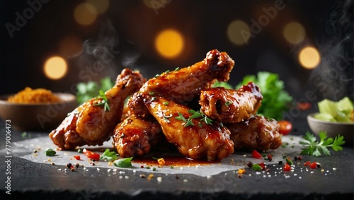 Delectable glazed barbecue chicken wings sprinkled with herbs lying on a gray marble slab