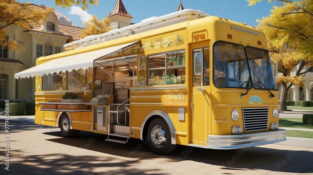 A yellow food truck is parked in front of a large house.