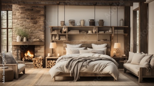 Cozy bedroom with fireplace, wood beams and stone wall