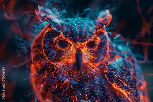 Immerse yourself in the ethereal world of nature with a mesmerizing wireframe visualization set against a glowing translucent background, featuring the majestic presence of an owl © River Girl