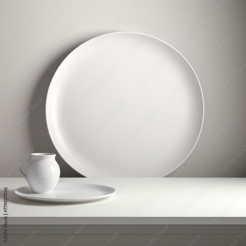 White minimalist still life with plates and jug White minimalist still life with plates and jug