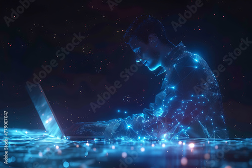 Dive into the digital realm with a captivating wireframe visualization against a glowing translucent background, featuring a focused man typing on a laptop.