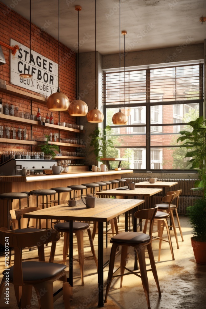 illustration of a coffee shop interior with wooden tables and chairs, brick walls, and large windows