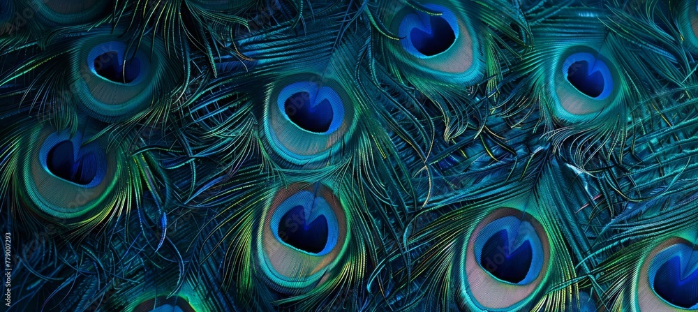 Fototapeta premium peacock feathers with blue eyes on a textured background. Colorful bird feather wallpaper design for printing on fabric or textile.