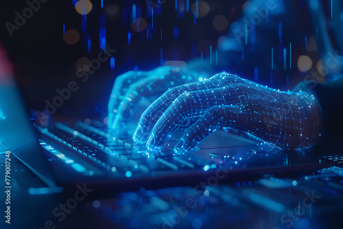 Dive into the digital realm with a captivating wireframe visualization against a glowing translucent background, featuring a focused man typing on a laptop.