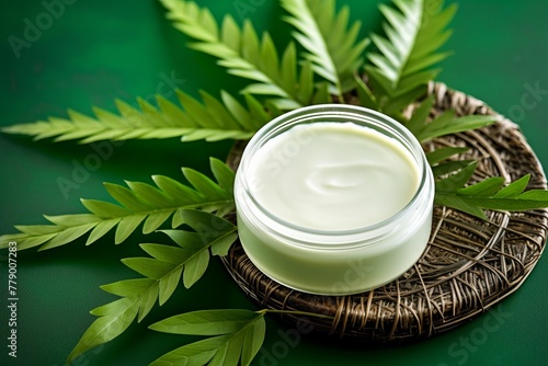 Close-up of a jar of cream with green leaves