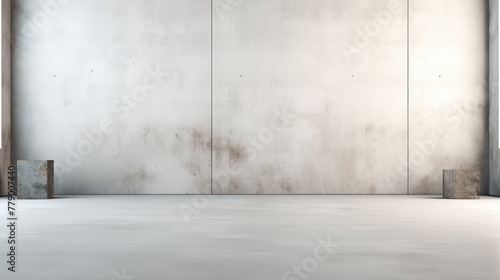 Simple and elegant empty room with white concrete walls and wooden floor