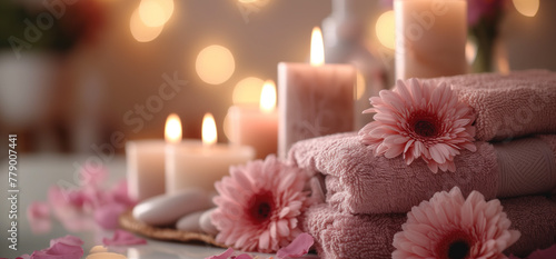 Serene spa ambiance with fluffy towels, candles, and soft pink gerbera daisies.