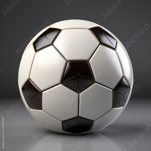 Black and white soccer ball with gold accents on a gray background
