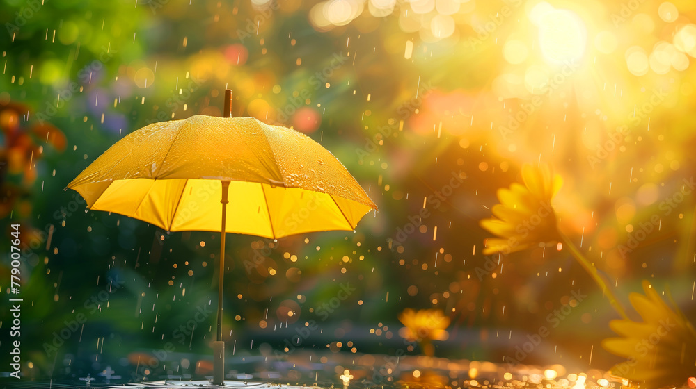 A yellow umbrella is in the rain on a grassy field. The sky is dark and cloudy, and the rain is falling in a steady drizzle. Springtime rainy season conceptual background. Rain pouring