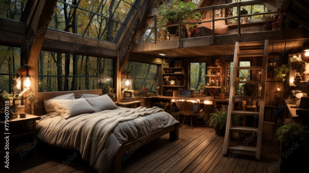 A cozy cabin in the woods with a bedroom, living area, and loft A cozy cabin in the woods with a bedroom, living area, and loft