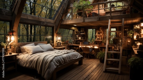 A cozy cabin in the woods with a bedroom, living area, and loft