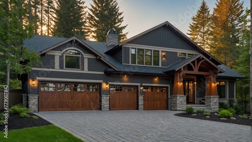 Luxury house exterior with brick and siding trim and double garage