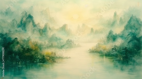 Misty green landscape painting of mountains and lake photo