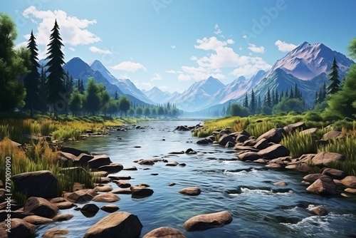 Mountains, river and trees landscape illustration