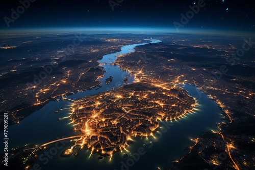 A night view of Istanbul, Turkey, showing the Bosphorus Strait and the Sea of Marmara. photo