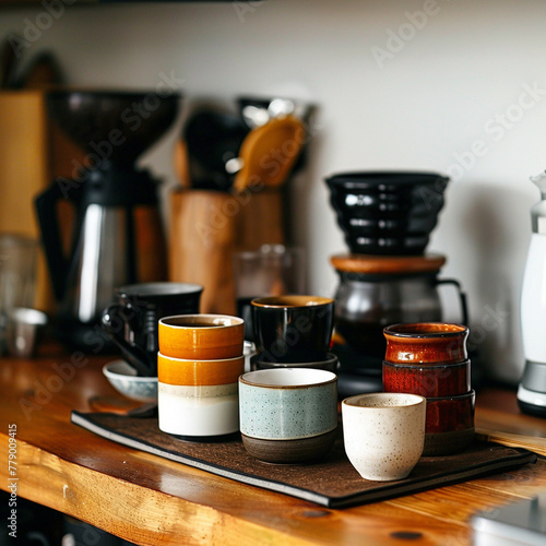 A coffee lover's desk with a variety of mugs and a coffee maker, modern graphic design style with copy space