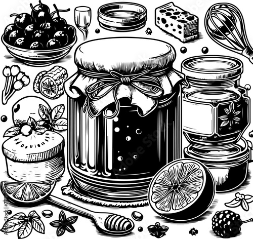 Jam jar black outline illustration coloring book.